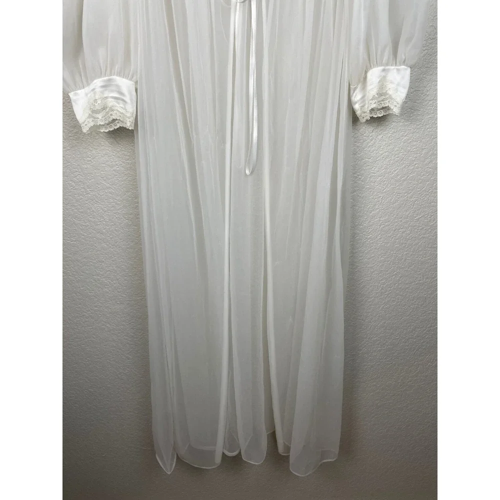 Vtg Miss Elaine CHIFFON PEIGNOIR Robe HOUSECOAT Large White Sheer Union Made USA